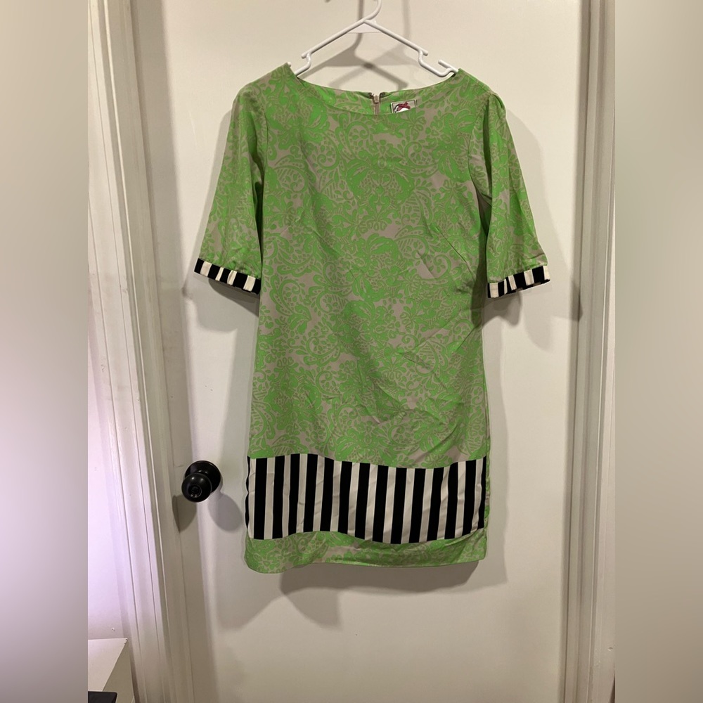 Shift Dress in Green Paisley with Black Striped Block